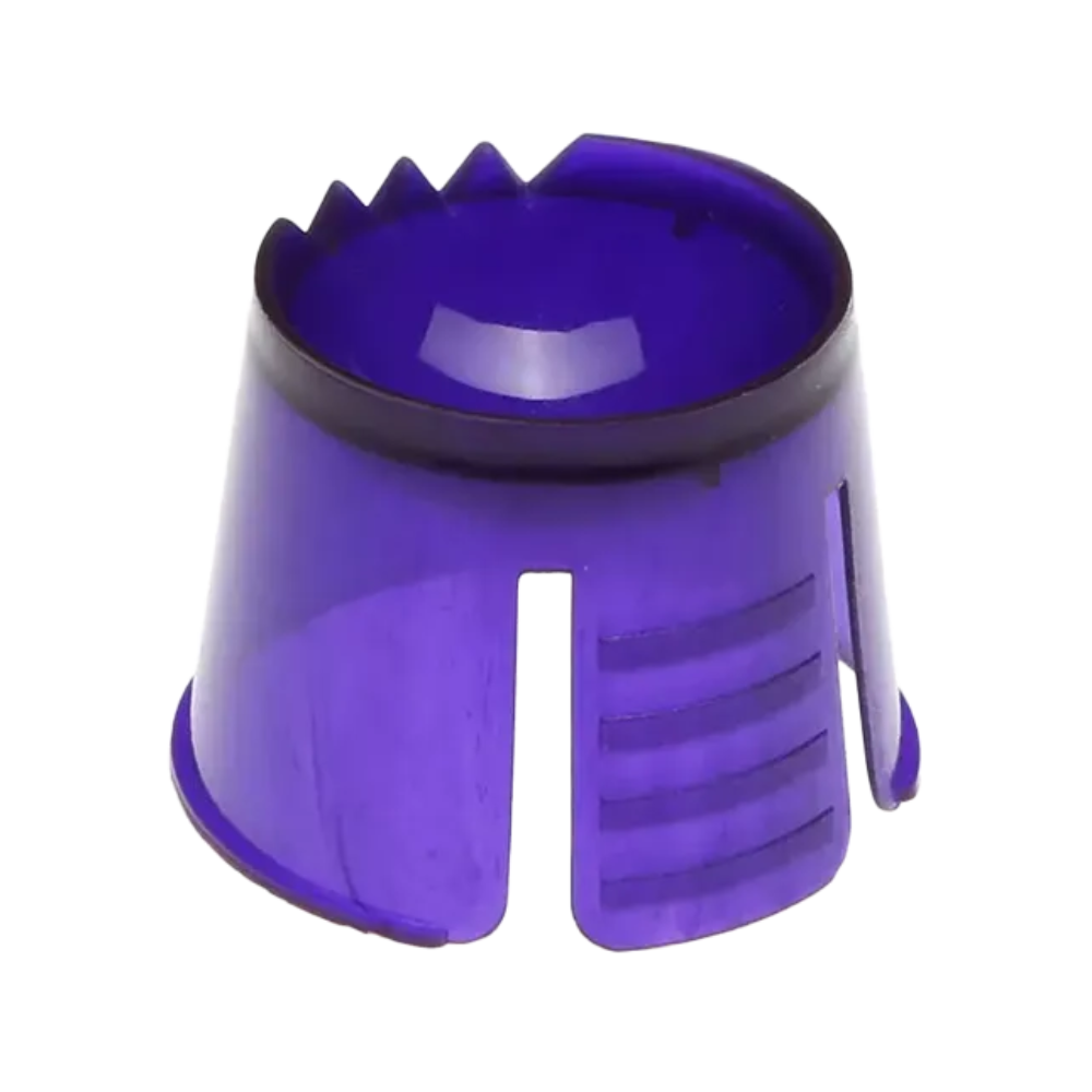 Een cilindrische blauwe opzetstuk van polypropyleen met gekartelde randen is bedoeld voor gebruik als component in tandheelkundige materialen. Het is aan één kant gesleufd en waarschijnlijk bedoeld voor doseer- of mengdoeleinden. Verkocht onder de productnaam 'AMPri PP wegwerp-dappenbeker voor portioneren en mengen van tandheelkundige materialen 1000 st.' door de AMPri Handelsgesellschaft mbH.