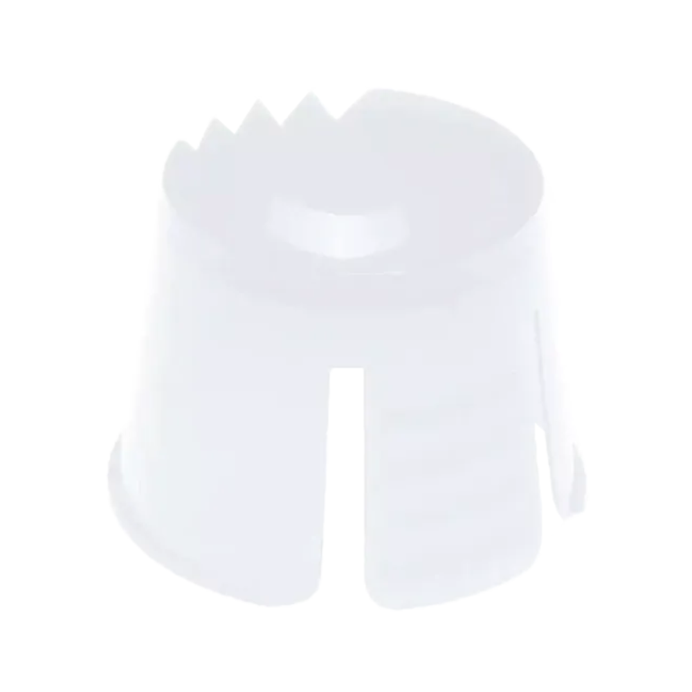 Een witte kunststof artikel met cilindrische vorm en gegolfde randen, die lijkt op de AMPri PP wegwerp-dappenbeker van de AMPri Handelsgesellschaft mbH. Het is gemaakt van polypropyleen, heeft een open bovenkant en verticale sleuven aan de zijkanten, die gewoonlijk worden gebruikt voor het portioneren en mengen van tandheelkundige materialen.