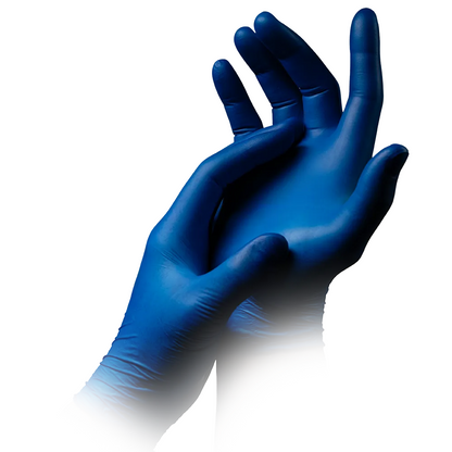 Une paire de mains portant des gants en nitrile AMPri STYLE BLUEBERRY sans poudre de MED-COMFORT de AMPri Handelsgesellschaft mbH, avec une main serrant doucement l'autre. L'image montre un fond blanc et les gants bleu foncé apparaissent propres et intacts. Les doigts sont légèrement écartés et courbés.
