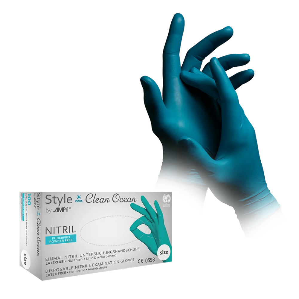 Une paire de mains avec des gants en nitrile turquoises AMPri STYLE CLEAN OCEAN sans poudre de MED-COMFORT, les doigts sont légèrement entrelacés. Sous les mains, une boîte de gants d'examen jetables Style Clean Ocean sans poudre en nitrile, taille L, est placée bien en vue.