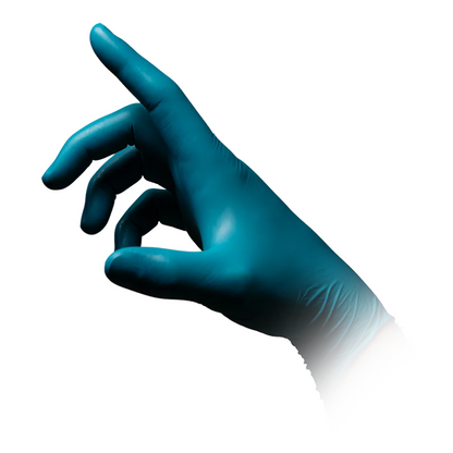 Une main seule avec un gant bleu, AMPri STYLE CLEAN OCEAN gants en nitrile sans poudre de MED-COMFORT en turquoise, est visible sur un fond blanc. La main est dans une position détendue avec les doigts légèrement courbés et le pouce et l'index formant un geste « OK ».