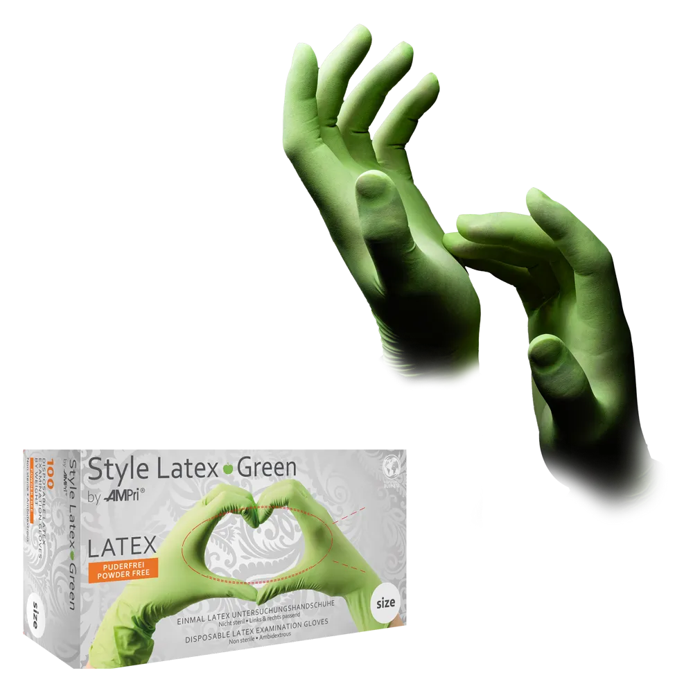 Afgebeeld is een paar groene latexhandschoenen met licht gebogen vingers. Daaronder presenteert een productverpakking met het opschrift 'AMPri STYLE GREEN' van de AMPri Handelsgesellschaft mbH deze chemische beschermingshandschoenen als latex, ongepoederd en voor eenmalig gebruik in een verpakking van 100 stuks.
