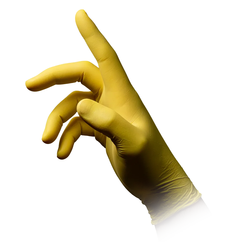 Sur fond blanc, une main gantée de jaune est représentée, dont les doigts forment un geste légèrement courbé. Les gants en nitrile AMPri STYLE LEMON sans poudre de MED-COMFORT semblent être en latex ou un matériau similaire et sont sans poudre.