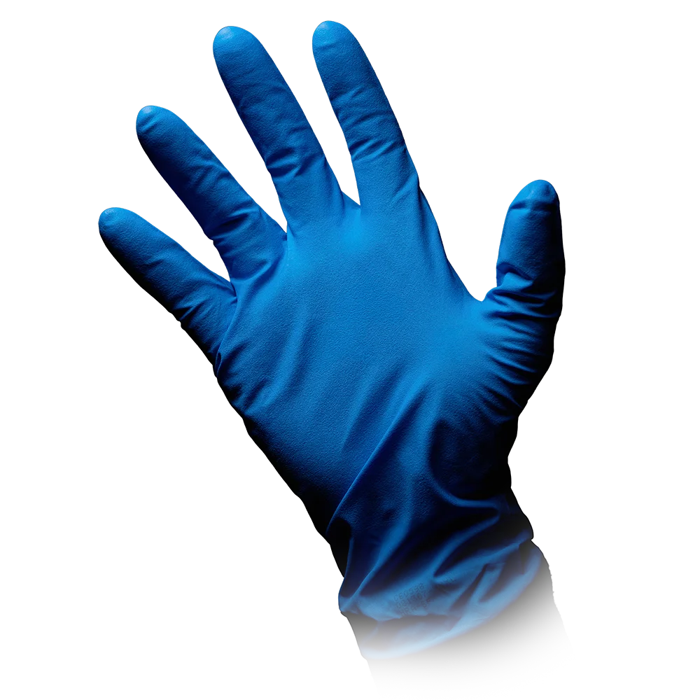 Le gant de protection chimique en nitrile AMPri SolidSafety High Risk Pro de AMPri Handelsgesellschaft mbH est montré sur un fond blanc avec les doigts tendus. Le gant a l'air frais et impeccable et met en valeur sa texture et son élasticité, parfaits pour une manipulation sûre.
