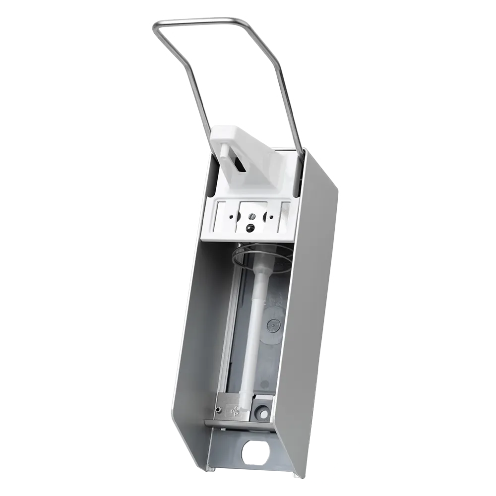 Nous présentons le distributeur mural AMPri de la société AMPri Handelsgesellschaft mbH, conçu pour 500 ml de désinfectant et de savon. Ce distributeur mural a un extérieur argenté élégant et une distribution hygiénique, complétée par un long levier pour une utilisation sans effort. À l'intérieur se trouve une bouteille à pompe à pression.