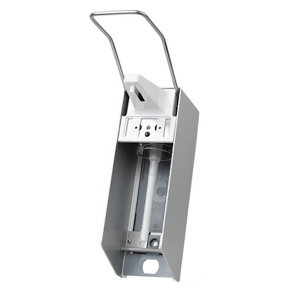 Nous présentons le distributeur mural AMPri de la société AMPri Handelsgesellschaft mbH, conçu pour 500 ml de désinfectant et de savon. Ce distributeur mural a un extérieur argenté élégant et une distribution hygiénique, complétée par un long levier pour une utilisation sans effort. À l'intérieur se trouve une bouteille à pompe à pression.