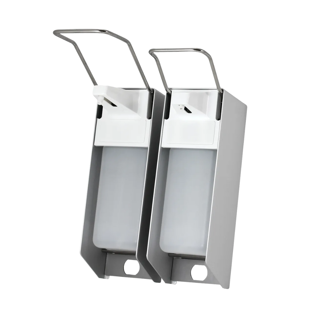 Deux distributeurs muraux AMPri pour 500 ml de désinfectant et de savon sont exposés, avec un boîtier en acier inoxydable et un distributeur en plastique blanc. Chacun est équipé d'un long levier pour une distribution hygiénique. Ils sont placés côte à côte devant un fond blanc simple.