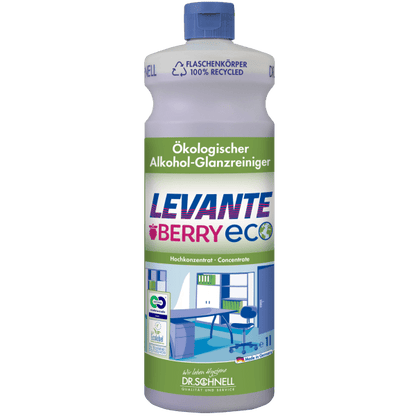 Un 1 litre Dr. Schnell Levante Berry ECO de DR.SCHNELL GmbH & Co. KGaA est doté d'un bouchon vert, d'une étiquette en plastique recyclé, d'un parfum de baies et d'illustrations de bureau et de cuisine sur le devant.