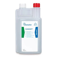 Un flacon de 1 litre de « Dr. Schumacher Cleanisept® » – désinfectant et nettoyant pour surfaces de la société Dr. Schumacher GmbH – avec un corps blanc, un bouchon rouge et blanc et une étiquette bleu-vert, destiné au nettoyage efficace des dispositifs médicaux.