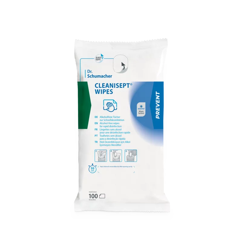 Un paquet blanc de Dr. Schumacher GmbH Cleanisept Wipes Désinfection rapide avec des accents bleus et verts, avec des informations sur le produit, des images d'application et 100 lingettes désinfectantes sans alcool pour les dispositifs médicaux.