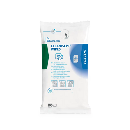 Un paquet blanc de Dr. Schumacher GmbH Cleanisept Wipes Désinfection rapide avec des accents bleus et verts, avec des informations sur le produit, des images d'application et 100 lingettes désinfectantes sans alcool pour les dispositifs médicaux.