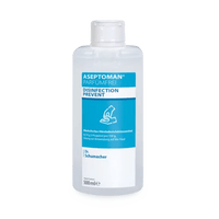 Een doorzichtige fles van 500 ml Dr. Schumacher Aseptoman® parfumvrije handdesinfectie van Dr. Schumacher GmbH, een alcoholhoudend, parfumvrij handdesinfectiemiddel voor hygiënische handdesinfectie, met een blauw-wit etiket.