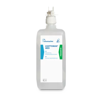 Eine klare 1-Liter-Flasche Dr. Schumacher Aseptoman® med Händedesinfektion der Dr. Schumacher GmbH, mit weißem Etikett und blauer Schrift, mit weißem Verschluss und Spender obenauf.