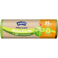 Swirl Actieve frisse vuilniszakken 35 l van Melitta Europa, rol met 9 zakken. 100 % gerecycled plastic, scheurvast en lekdicht, innovatieve geurbestrijding met citrussysteem voor behoud van de frisheid.