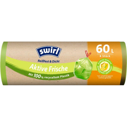 Un rouleau Swirl de sacs poubelles Active Fraîcheur 60 l Résistant à la déchirure & Étanche de Melitta Europa (8 sacs), dans un emballage brun-vert avec informations produit et symbole de parfum d'agrumes, en plastique recyclé à 100 %.
