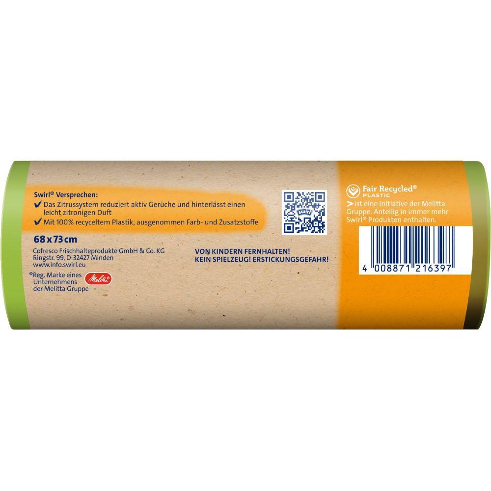 L'image montre l'emballage du Swirl sac poubelle Active Fraîcheur 60 l Résistant à la déchirure & Étanche (8 sacs) de Melitta Europa GmbH & Co. KG avec informations produit, code-barres, consignes de sécurité et l'énoncé « 100 % plastique recyclé » sur une étiquette brune avec des accents verts.