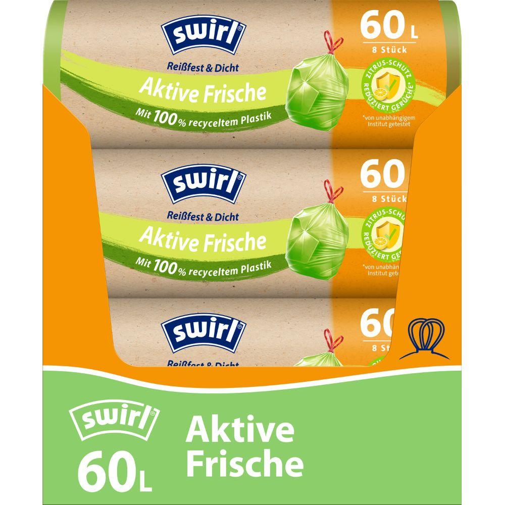 Swirl Sacs poubelles Active Fraîcheur 60 l de Melitta Europa GmbH & Co. KG : 8 sacs résistants à la déchirure, étanches en plastique 100 % recyclé avec système agrumes pour la fraîcheur, vert-orange, détails du produit en anglais.