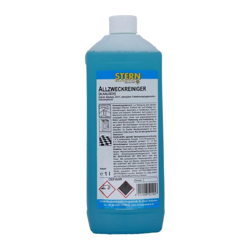 Une bouteille de 1l de nettoyant universel STERN A de la Stern Waschmittel GmbH avec une étiquette allemande détaillée comprenant des conseils de sécurité et des symboles de danger - idéale pour un nettoyage efficace dans toute la maison.