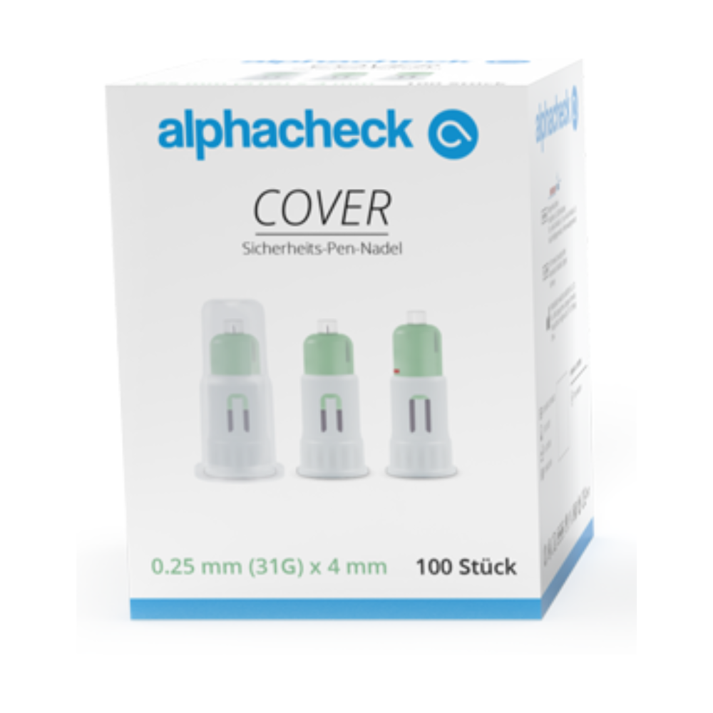 Une boîte d'aiguilles de sécurité pour stylo Alphacheck COVER, de différentes tailles de Berger Med GmbH, contient 100 pièces et est étiquetée comme « aiguille de sécurité pour stylo ». Les dimensions de l'aiguille sont indiquées comme 0,25 mm (31G) x 4 mm et des images avec différentes tailles d'aiguilles sont visibles, mettant en évidence la pointe d'aiguille ultra-fine pour plus de sécurité.