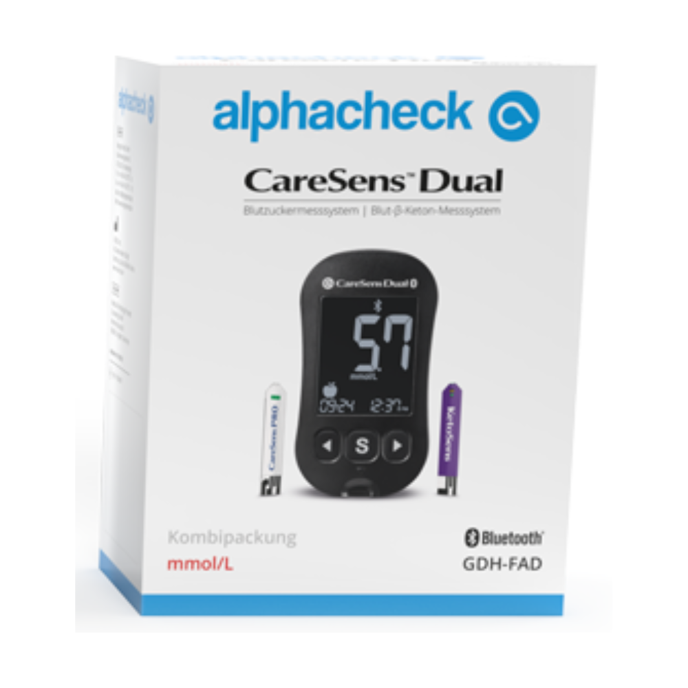 Een doos Alphacheck CareSens DUAL bloedsuikermeter combipakket | Verpakking (1 stuk) van Berger Med GmbH, afgestemd op diabetesmanagement, gepresenteerd in een witte en lichtblauwe verpakking. Op de doos is een zwarte bloedsuikermeter afgebeeld, waarop het display '57' staat. Het beschikt ook over twee teststroken, Bluetooth-mogelijkheid en de opschriften 'Combipakket' en 'mmol/L', ideaal voor bloedsuiker- en β-ketonmeting.
