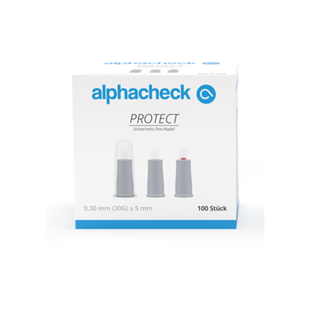 Een doos met de tekst "Alphacheck PROTECT veiligheids-pennaalden, verschillende maten" van Berger Med GmbH voor diabetesbeheer. De doos toont afbeeldingen van drie pennaalden en geeft de specificaties aan: 0,30 mm (30G) x 5 mm, geschikt voor insuline-injecties. De doos bevat 100 stuks.