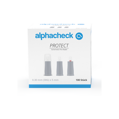 Een doos met de tekst "Alphacheck PROTECT veiligheids-pennaalden, verschillende maten" van Berger Med GmbH voor diabetesbeheer. De doos toont afbeeldingen van drie pennaalden en geeft de specificaties aan: 0,30 mm (30G) x 5 mm, geschikt voor insuline-injecties. De doos bevat 100 stuks.
