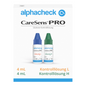 L'image montre une boîte blanche avec l'inscription « Berger Med GmbH Alphacheck CareSens PRO Solution de contrôle L+H | Paquet (2 flacons) », idéale pour les mesures d'entraînement avec des glucomètres. Elle contient deux petits flacons, l'un avec un bouchon bleu portant l'inscription « Solution L » et l'autre avec un bouchon vert portant l'inscription « Solution H », chacun contenant 4 ml.