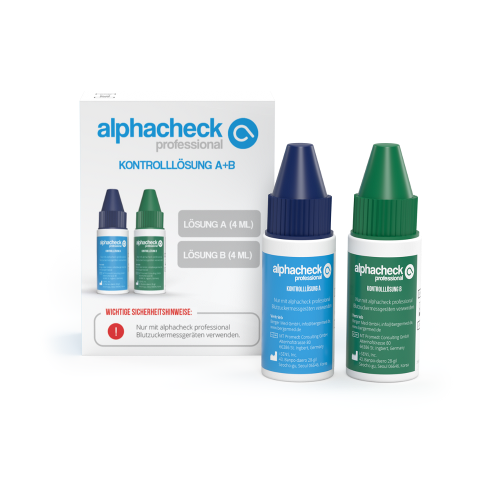 Image de la solution de contrôle Alphacheck Professional A+ B | Paquet (2 bouteilles) de Berger Med GmbH. Le produit contient deux flacons de solution étiquetés « Solution A (4 ml) » et « Solution B (4 ml) », parfaitement adaptés pour garantir la précision de votre glucomètre. L'emballage en carton est visible en arrière-plan, avec des bouchons bleus et verts sur les bouteilles.