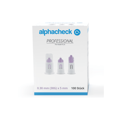 Een doos Alphacheck Professional Pen-naalden PLUS, verschillende maten, voor insuline-injecties. Op de doos staat een afbeelding van de steriele naalden en is de maat aangegeven: 0,30 mm (30G) x 5 mm. De doos bevat 100 stuks van Berger Med GmbH.