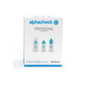 Een doos Alphacheck Professional pennaalden PLUS, verschillende maten. De witte doos met blauwe accenten bevat 100 stuks steriele naalden van 0,30 mm (30G) x 8 mm voor insuline-injecties. Op de voorkant staan afbeeldingen van drie pennaalden met tekst in blauw en zwart van Berger Med GmbH.