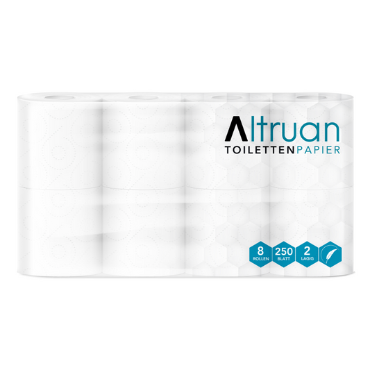 Eine Packung Altruan Toilettenpapier, 2-lagig, weiß enthält acht Rollen. Auf der Verpackung wird darauf hingewiesen, dass eine Rolle 250 Blatt enthält und es sich bei dem Papier um zweilagiges Recyclingpapier handelt. Auf der Verpackung ist das Wort „Toilettenpapier“ aufgedruckt, was darauf hinweist, dass es sich um Toilettenpapier handelt.
