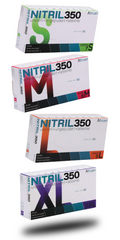 Es sind vier vertikal ausgerichtete Kartons mit NITRIL 350-Handschuhen abgebildet. Die Kartons sind mit den Größen „S“, „M“, „L“ und „XL“ beschriftet. Jeder Karton hat eine eindeutige Farbmarkierung und in der oberen rechten Ecke den Markennamen „Alturian“.