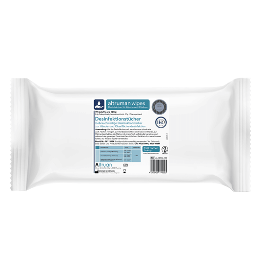 Un paquet de lingettes désinfectantes Altruan dans un emballage blanc. L'emballage comporte le nom de la marque, une description du produit en plusieurs langues ainsi que des certificats médicaux. Ces lingettes désinfectantes sans alcool, destinées à la désinfection des surfaces, sont disponibles en paquets de 150 lingettes pesant 1 100 grammes et sont commercialisées sous le nom d'Altrufect® Wipes, recharge de 150 lingettes.