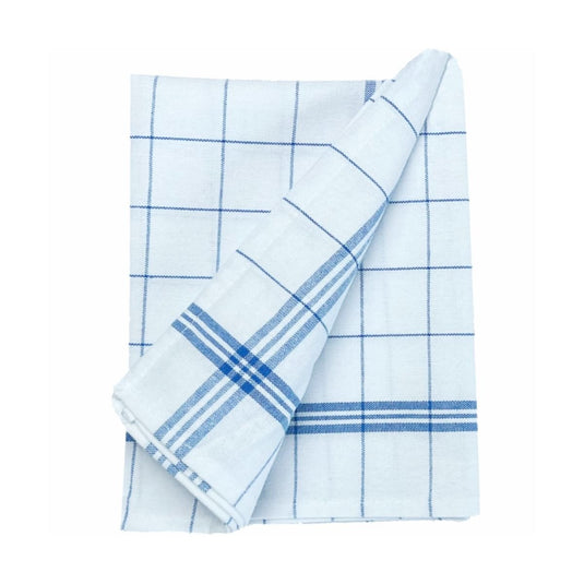 De Arcora Profi theedoek in blauw-wit van Arcora International GmbH (verpakking van 10 stuks), vervaardigd uit wit katoen met een blauw geruit patroon en strepen – perfect voor pluisvrij afdrogen, gepresenteerd op een eenvoudige witte achtergrond.