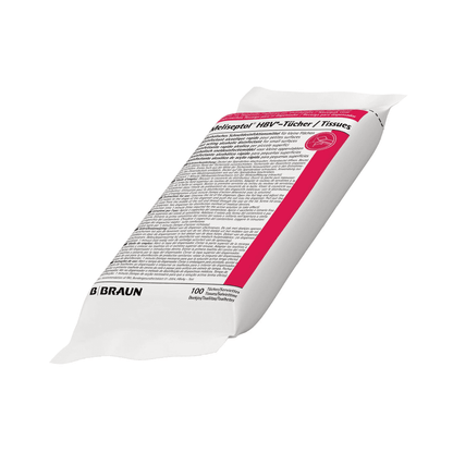 L'image montre un paquet de lingettes désinfectantes Meliseptol® HBV de B. Braun Deutschland GmbH & Co. KG. L'étiquette présente un texte noir détaillé avec une bande d'accent rouge sur fond blanc. Ce paquet de désinfection par essuyage contient 100 lingettes et est principalement rectangulaire avec une perspective légèrement inclinée.