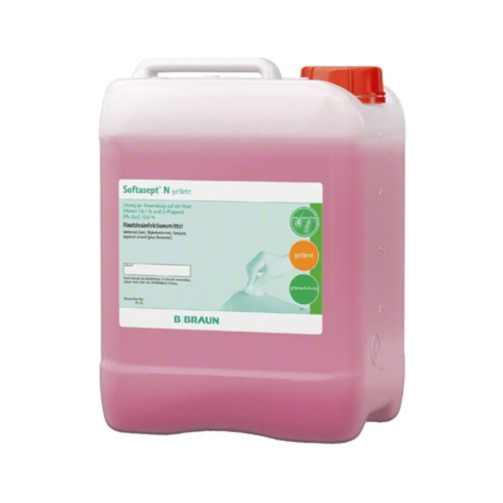 Un conteneur de 5 litres de B. Braun Softasept® N désinfectant pour la peau, coloré, un désinfectant liquide pour les mains connu pour ses propriétés virucides et bactéricides. Avec un bouchon rouge et un liquide rose, il est étiqueté avec des informations sur le produit et la marque de B. Braun Deutschland GmbH & Co. KG, ce qui le rend idéal pour une désinfection efficace de la peau.