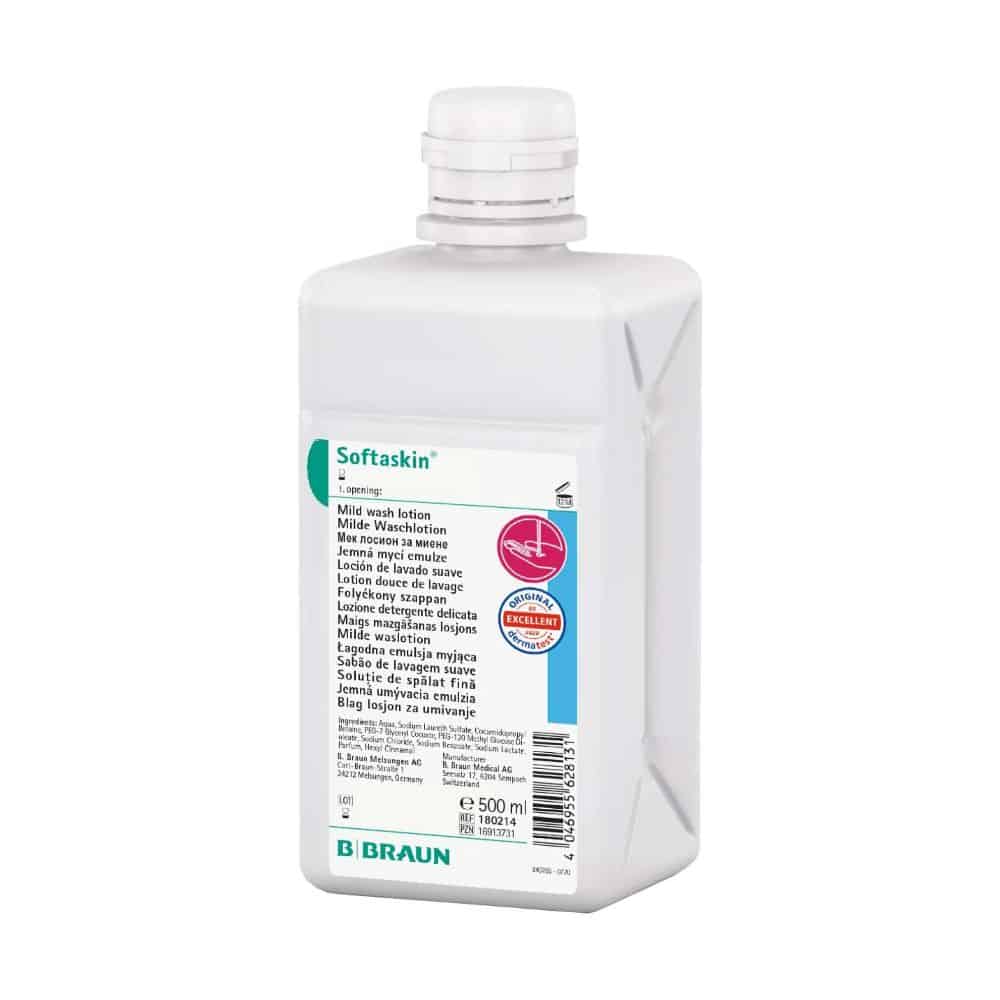 La bouteille blanche de 500 ml portant l'inscription « B. Braun Softaskin® Waschlotion » de B. Braun Deutschland GmbH & Co. KG contient une lotion lavante douce, respectueuse de l'environnement et sans microplastiques, et arbore une étiquette bleu-blanc avec du texte multilingue.