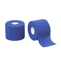 Deux rouleaux B. Braun Bande de fixation Askina® Haft color, bleue, de B. Braun Deutschland GmbH & Co. KG, sont fournies. L'un des rouleaux est posé à la verticale avec un morceau de ruban adhésif déroulé, tandis que l'autre est couché sur le côté. Les deux possèdent un mandrin blanc.