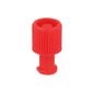 Der B. Braun Combi-Stopper-Verschlusskonen in Rot von B. Braun Deutschland GmbH & Co. KG verfügt über ein geripptes, zylindrisches Design mit breiterer Basis und vertiefter Oberseite, ideal für sterile Verschlüsse. Packung enthält 100 Stück, isoliert auf weißem Hintergrund.
