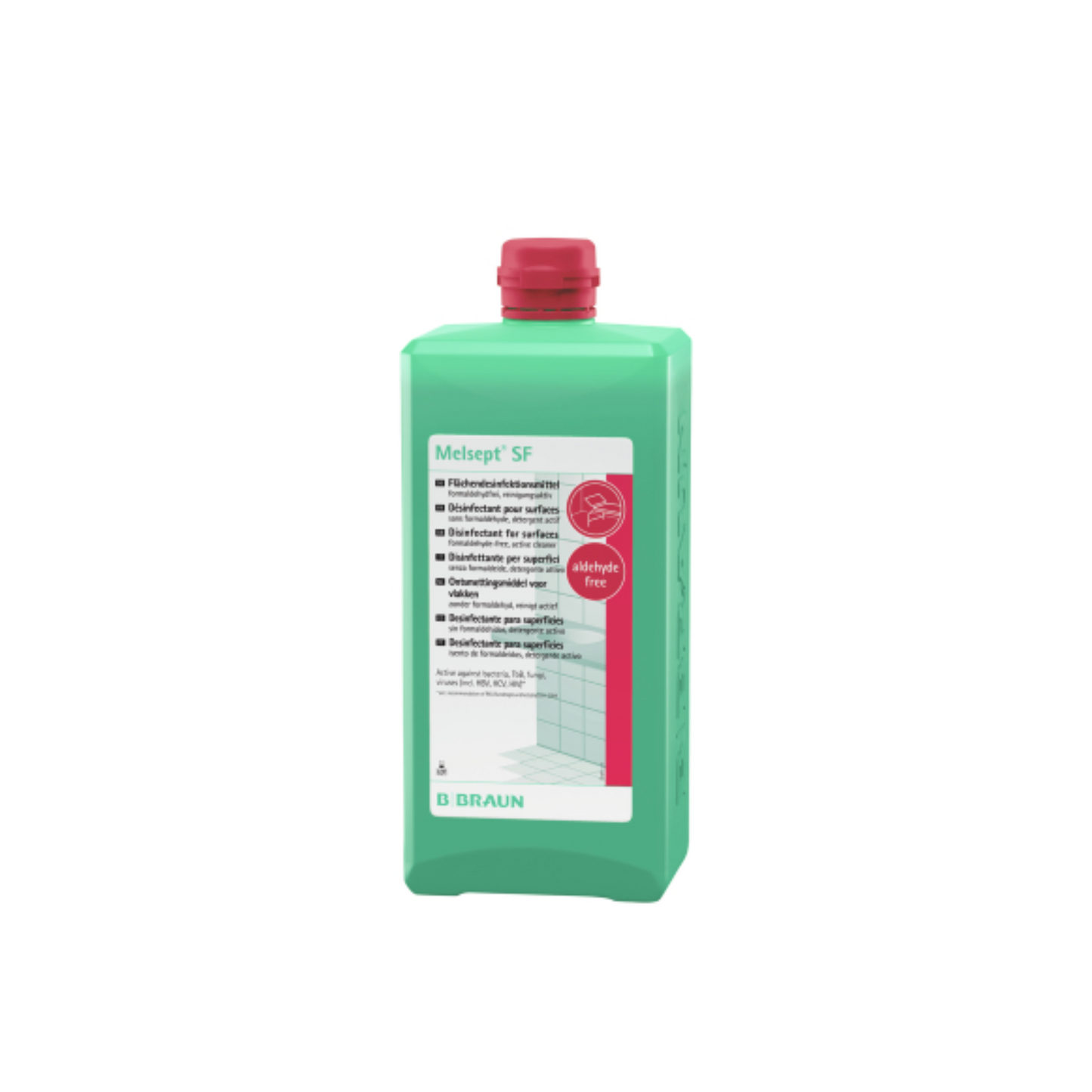 Une bouteille verte B. Braun Meliseptol® SF désinfectant de surface, reconnaissable à son bouchon rouge, est exposée de manière proéminente. L'étiquette met en avant dans plusieurs langues ses propriétés désinfectantes de surface et souligne sa formule sans alcool pour une hygiène maximale. La marque fiable est B. Braun Deutschland GmbH & Co. KG.