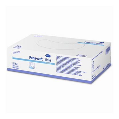 Een doos B. Braun Peha-soft® Nitril Guard wegwerphandschoenen, maat 7-8 Medium, tegen een witte achtergrond. De doos is voornamelijk wit en blauw en bevat een tekst met gedetailleerde producteigenschappen van Paul Hartmann AG.