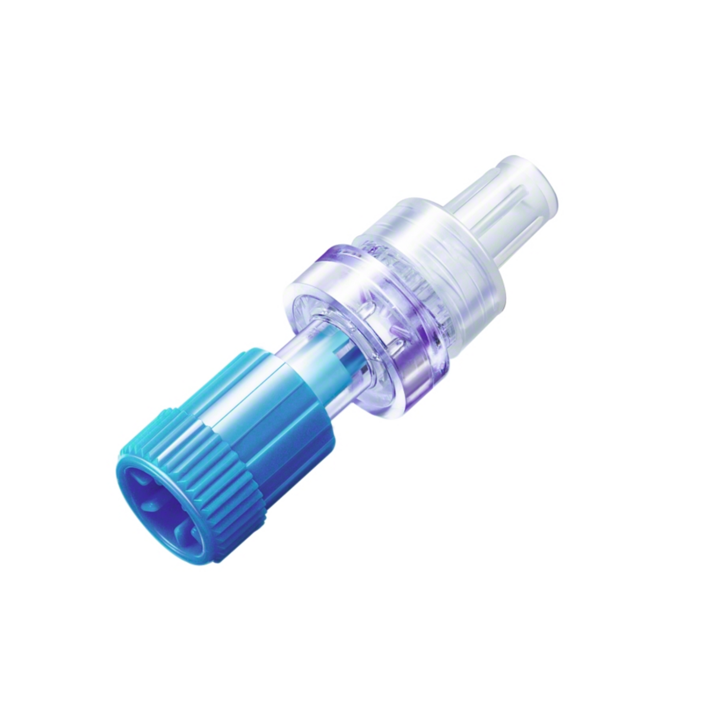 Le connecteur de sécurité Safsite® pour systèmes de perfusion, développé par B. Braun Deutschland GmbH & Co. KG, est un connecteur transparent et bleu avec une surface extérieure nervurée et une forme cylindrique. Il combine une section en plastique transparent avec un segment bleu et dispose d'une structure en forme de capuchon, ce qui en fait un connecteur de sécurité exemplaire idéal pour les applications médicales.