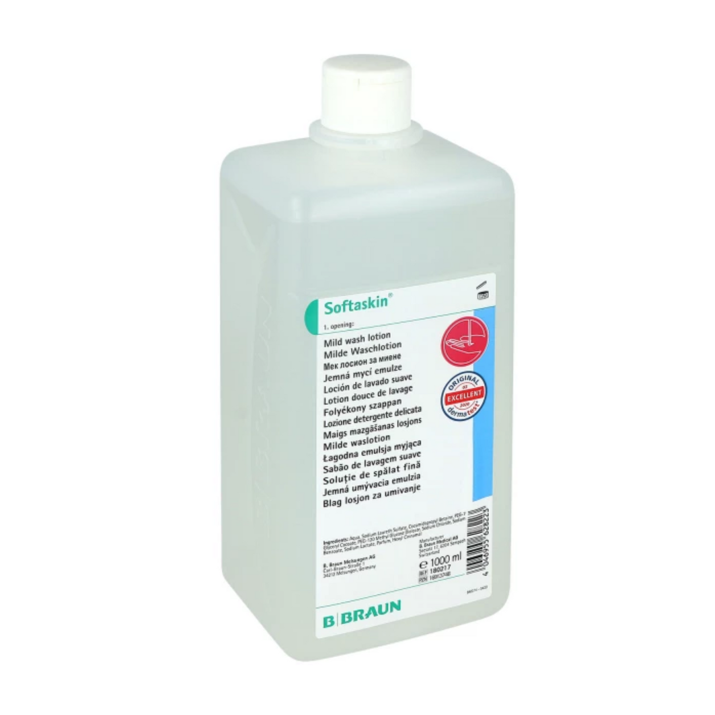 La bouteille rectangulaire blanche et respectueuse de l'environnement B. Braun Softaskin® Waschlotion de B. Braun Deutschland GmbH & Co. KG affiche sur l'étiquette avant un texte en plusieurs langues et dispose d'un bouchon à vis. Elle contient 1000 ml de lotion lavante douce et souligne ainsi son engagement pour des produits sans microplastiques pour un choix écologique.