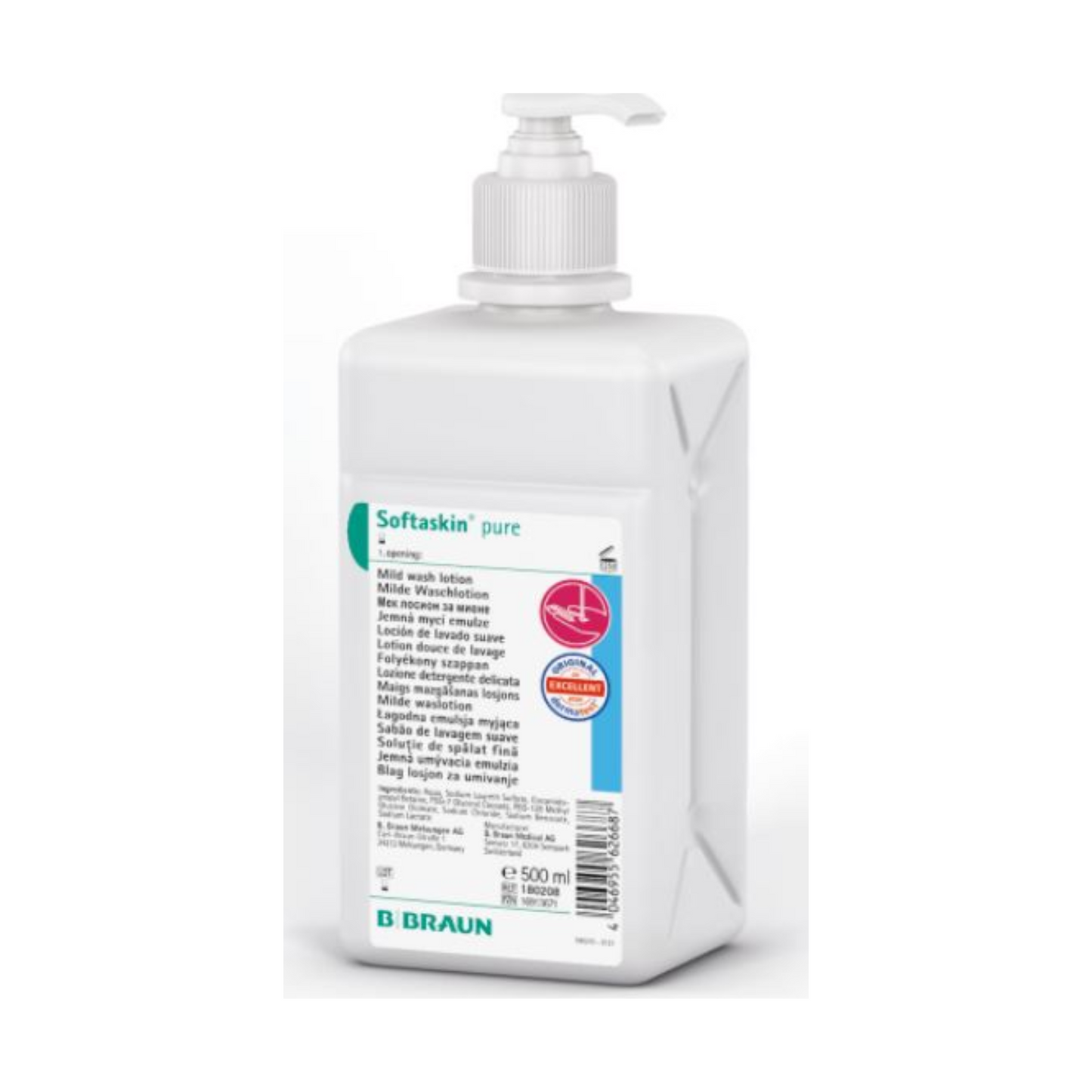 Une bouteille en plastique blanche avec pompe et l'inscription « B. Braun Softaskin® Waschlotion » contient 500 ml de lotion lavante douce. L'étiquette est multilingue et ornée d'un sceau rouge soulignant l'approbation dermatologique. La bouteille est fière d'être sans microplastiques et reflète l'engagement de B. Braun Deutschland GmbH & Co. KG pour le respect de l'environnement, comme mentionné ci-dessous.