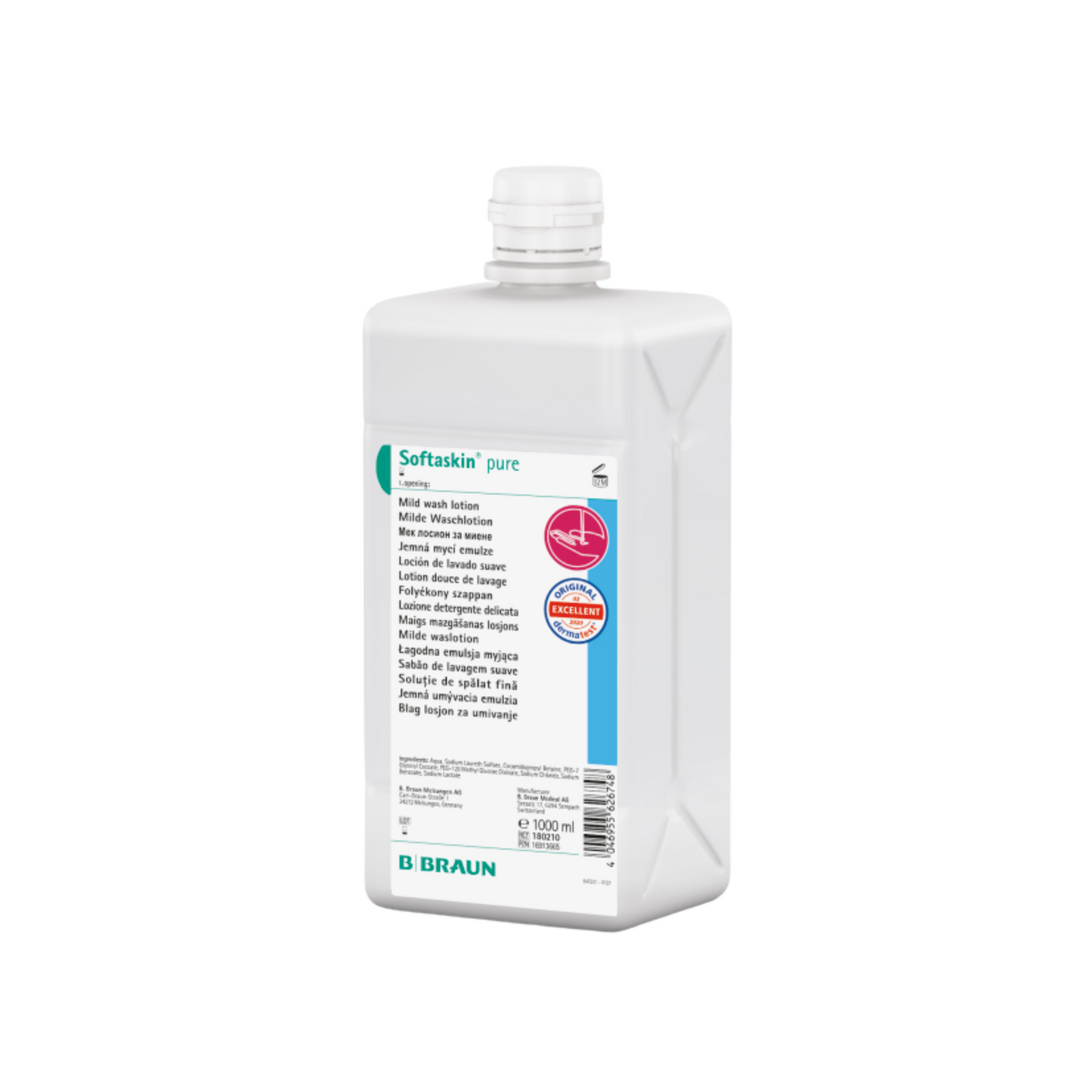 De B. Braun Softaskin® pure 1000 ml-fles van B. Braun Deutschland GmbH & Co. KG heeft een wit rechthoekig ontwerp met een blauw-wit etiket, roze logo voor huidvriendelijkheid, schroefdop en is een allergeenvrije waslotion, ideaal voor de gevoelige huid.