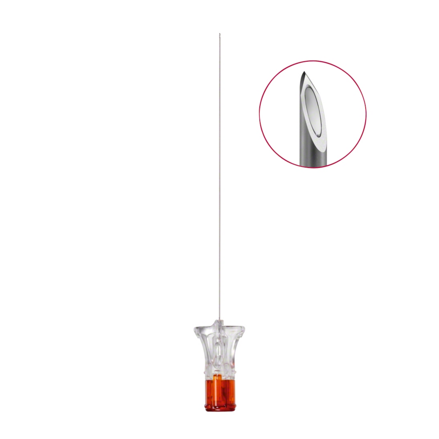 L'aiguille Spinocan® B. Braun avec des dimensions de 0,53 x 88 mm est représentée verticalement sur un fond blanc et possède un moyeu en plastique transparent avec une base orange. Un encart circulaire offre un gros plan du bord tranchant et biseauté de la pointe de l'aiguille, qui a été développé par B. Braun Deutschland GmbH & Co. KG pour des applications précises d'anesthésie spinale.
