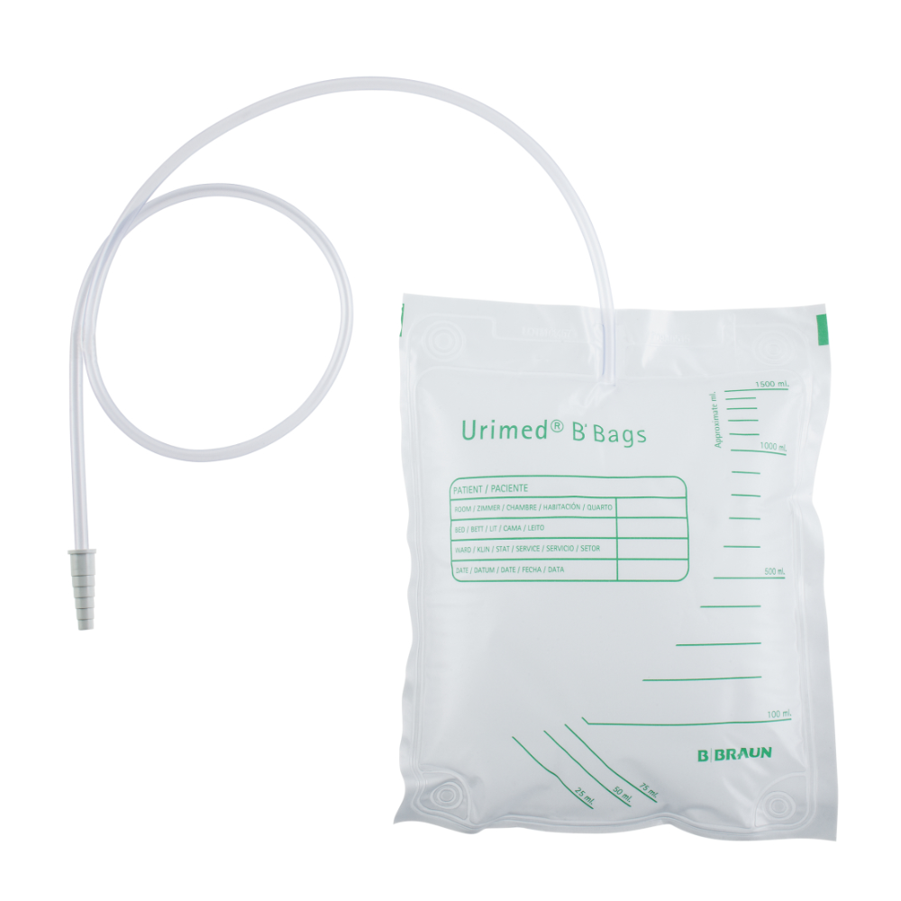 De B. Braun Urimed® B'Bags urine- & secreetzak is een transparante urine- en secreetzak met een meetschaal aan de voorkant. Hij beschikt over een lange, flexibele slang die om veiligheidsredenen latexvrij is en een efficiënte drainage garandeert. Rechtsonder is het merk „B. Braun Deutschland GmbH & Co. KG“ gedrukt, waardoor hij geschikt is voor gebruik in medische omgevingen.