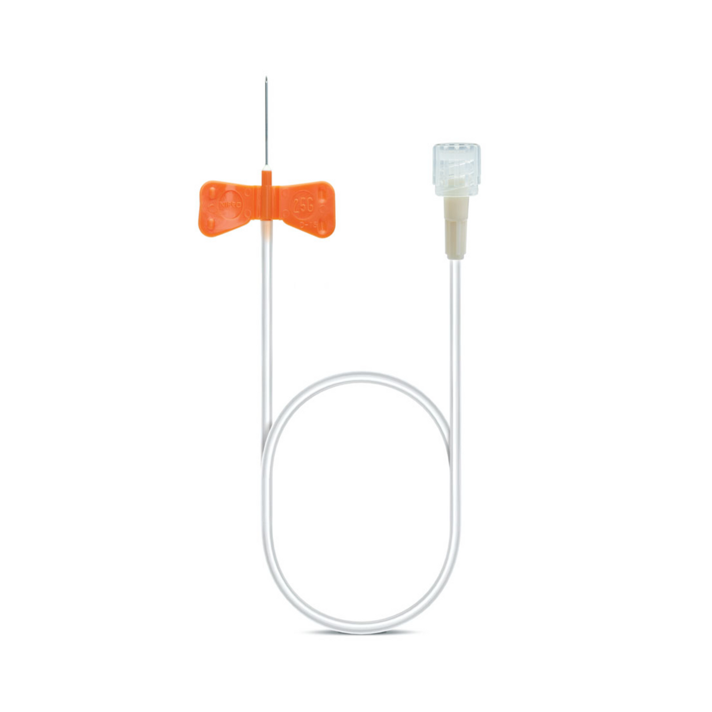 De B. Braun Venofix® A veneuze punctieset van B. Braun Deutschland GmbH & Co. KG heeft een oranje vleugelgreep van chroom-nikkelstaal, die is bevestigd aan een dunne, flexibele slang en een transparante aansluiting voor efficiënte intraveneuze toegang. Het apparaat wordt getoond tegen een eenvoudige witte achtergrond.