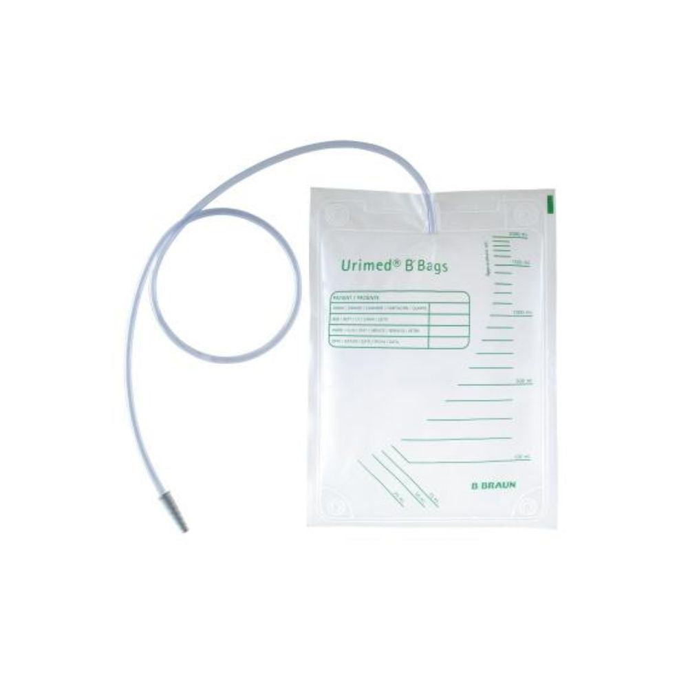 Le sac à urine Urimed® B Bag B. Braun est un collecteur d'urine non stérile de 1,5 litre avec des graduations, une extension de drainage en forme de tube et un marquage clair de B. Braun Deutschland GmbH & Co. KG pour une utilisation sécurisée.