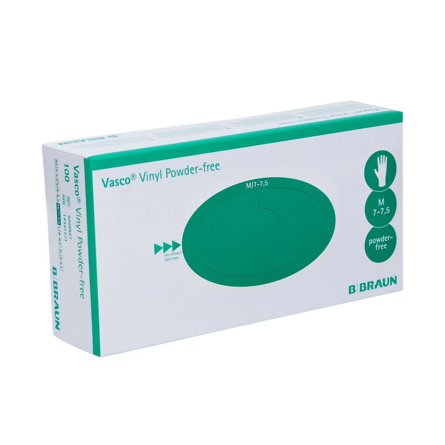 Boîte de B. Braun gants jetables en vinyle sans poudre Vasco® de B. Braun Deutschland GmbH & Co. KG. L'emballage est principalement blanc avec des accents verts et du texte, mis en valeur par un graphique de gant vert distinctif. Ces gants sans latex sont de taille M, 7-7,5, et chaque boîte contient 100 gants jetables en vinyle.